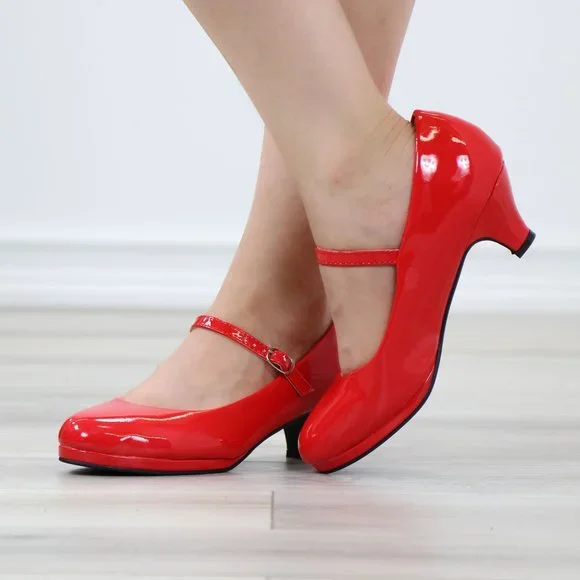 Red Patent Rockabilly Vintage Style Round Toe Kitten Low Heel Shoes - Picture 8 of 12